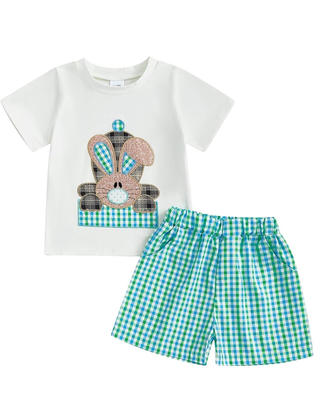 White Kids Tee & Green-Blue Gingham Shorts Set with Bunny Applique